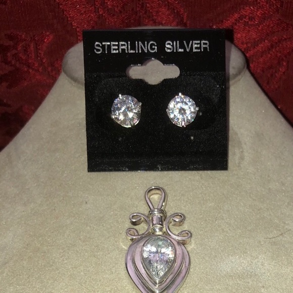 Genuine 925 Sterling Silver & CZ Pendant & Earrings Set - Picture 2 of 6